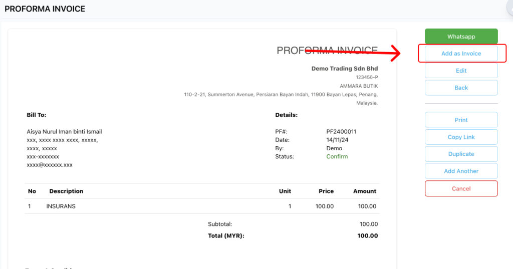 Antara muka Proforma Invoice dalam Niagawan menunjukkan butang Tambah sebagai Invois